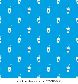 Paper cup with straw pattern repeat seamless in blue color for any design. Vector geometric illustration