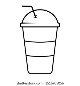 Paper cup with straw, plastic dome and fresh beverage vector illustration in black and white. Icon for websites and mobile applications.