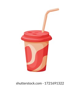 Paper Cup with Straw, Soda, Juice or Milkshake Beverage, Fast Food Vector Illustration