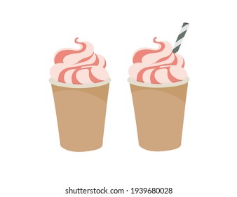 Paper cup. Strawberry topping. Ice cream, milkshake. Outline vector illustration on a white background.