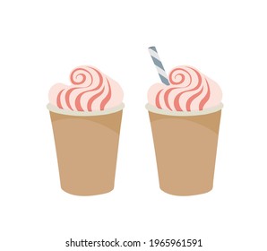 Paper cup. Strawberry topping. Ice cream, milkshake. Outline vector illustration on a white background. Outline vector illustration on a white background.