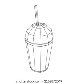 Paper cup with straws for soda, juice or cold beverage. Drink Fast food. Wireframe low poly mesh vector illustration