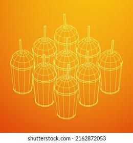 Paper cup with straws for soda, juice or cold beverage. Drink Fast food. Wireframe low poly mesh vector illustration