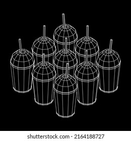Paper cup with straws for soda, juice or cold beverage. Drink Fast food. Wireframe low poly mesh vector illustration