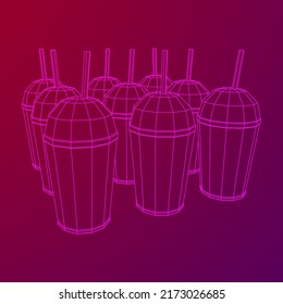 Paper cup with straws for soda, juice or cold beverage. Drink Fast food. Wireframe low poly mesh vector illustration