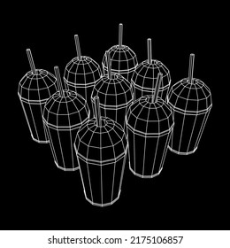 Paper cup with straws for soda, juice or cold beverage. Drink Fast food. Wireframe low poly mesh vector illustration