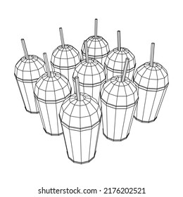 Paper cup with straws for soda, juice or cold beverage. Drink Fast food. Wireframe low poly mesh vector illustration