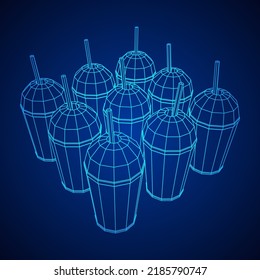 Paper cup with straws for soda, juice or cold beverage. Drink Fast food. Wireframe low poly mesh vector illustration