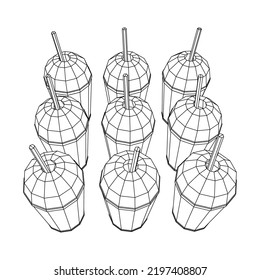 Paper cup with straws for soda, juice or cold beverage. Drink Fast food. Wireframe low poly mesh vector illustration