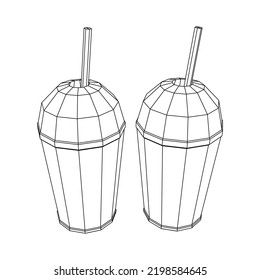 Paper cup with straws for soda, juice or cold beverage. Drink Fast food. Wireframe low poly mesh vector illustration