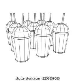 Paper cup with straws for soda, juice or cold beverage. Drink Fast food. Wireframe low poly mesh vector illustration