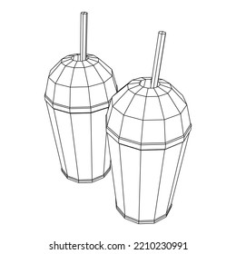 Paper cup with straws for soda, juice or cold beverage. Drink Fast food. Wireframe low poly mesh vector illustration