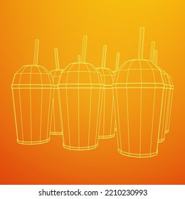 Paper cup with straws for soda, juice or cold beverage. Drink Fast food. Wireframe low poly mesh vector illustration