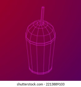 Paper cup with straws for soda, juice or cold beverage. Drink Fast food. Wireframe low poly mesh vector illustration
