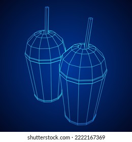 Paper cup with straws for soda, juice or cold beverage. Drink Fast food. Wireframe low poly mesh vector illustration