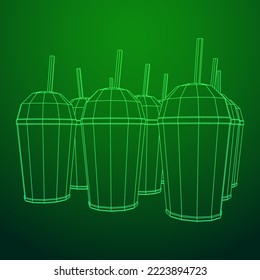 Paper cup with straws for soda, juice or cold beverage. Drink Fast food. Wireframe low poly mesh vector illustration