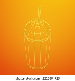 Paper cup with straws for soda, juice or cold beverage. Drink Fast food. Wireframe low poly mesh vector illustration