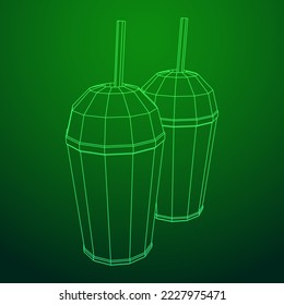 Paper cup with straws for soda, juice or cold beverage. Drink Fast food. Wireframe low poly mesh vector illustration