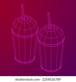 Paper cup with straws for soda, juice or cold beverage. Drink Fast food. Wireframe low poly mesh vector illustration