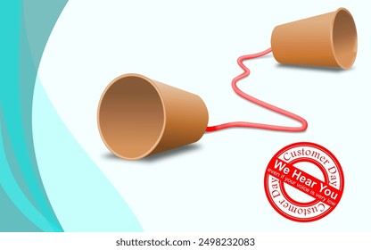 paper cup and string phone for customer day design bussiness background. stamp ornamen : we hear you, even if your voice is very low.