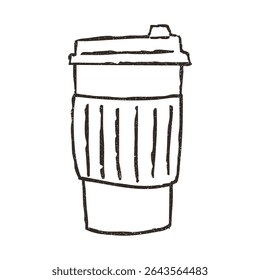 Paper cup for take away coffee or tea, hand drawn doodle, vector illustration isolated on white background. Outline sketch style with grunge vintage texture. To go beverage, cafe concept.