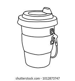 Paper cup of takeaway coffee with dispenser. Metaphor coffee is power for office people vector illustration sketch hand drawn with black lines, isolated on white background