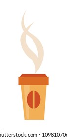 Paper cup of tasty hot coffee with plastic cover, bean picture at side and steam above isolated cartoon flat vector illustration on white background.