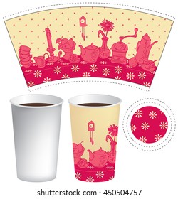 paper cup for tea or coffee with dishes on the table with a tablecloth