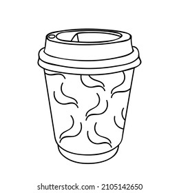 Paper Cup of tea or coffee. Coffee drink in line drawing. Coffee to go concept, for fast food cafe design. Vector