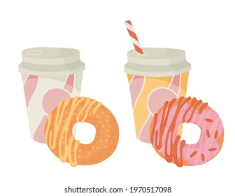 Paper cup. Tea, coffee. Ice cream, milkshake. Juice, cocktail, smoothie. Lemonade. A doughnut with frosting. A doughnut with frosting. 