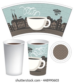 paper cup for tea or coffee with a picture of the old town