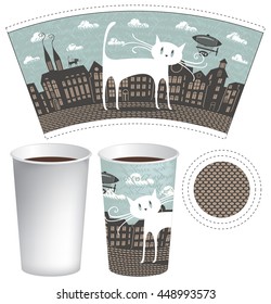 paper cup for tea or coffee with a picture of the old town and white cat