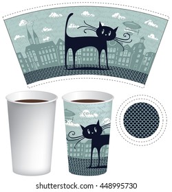 paper cup for tea or coffee with a picture of the old town and black cat