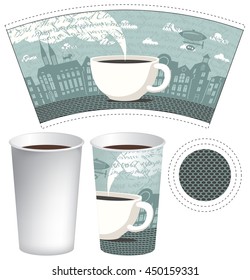 paper cup for tea or coffee with a picture of the old town