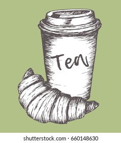 A paper cup of tea and a croissant. Linear graphics. Breakfast. Vector illustration.
