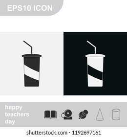 Paper cup template for soda or cold beverage flat black and white vector icon.