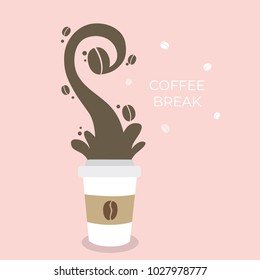 Paper cup time break , Splash is coffee beans vector. Pink background.