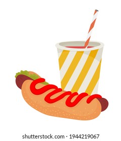 Paper cup and tube. Juice, cocktail, smoothie, soda, soda. Hot dog with mustard, ketchup and salad. Outline vector illustration on a white background.