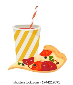 Paper cup and tube. Juice, cocktail, smoothie, soda. A slice of pizza. Birthday, holiday, weekend, fast food, street food. Outline vector illustration on a white background.