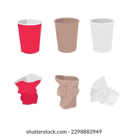 Paper cup vector set in different colors. Used paper cup set. Paper waste and garbage. Recycled waste. 