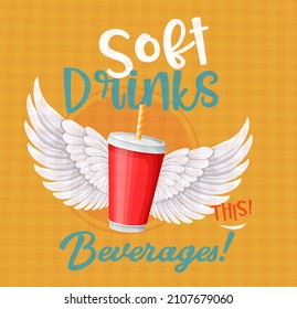 Paper cup and white wings. Red cups with straws for soda, juice or cold beverage. Concept of flying soft drink or fast food.