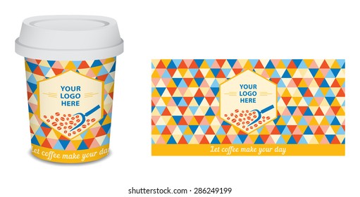 Paper cup/mug coffee design for your company in vector, blue, red, yellow. Only add your logo.