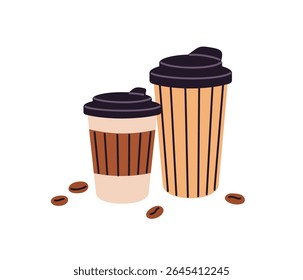 Xícaras de papel de café preto ou com leite. Canecas de bebidas de café. Café para ir da cafeteria. Bebidas quentes, chá, cappuccino. Ilustração de vetor isolado plano sobre fundo branco