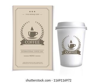 Paper cups with caps isolated on gray background.  Logo, card and menu design vector brochure template.