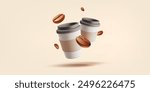 Paper cups with coffee and coffee beans, 3D. Realistic, beautiful composition for advertising and promotion of coffee shops, coffee delicious hot drinks. Vector illustration.
