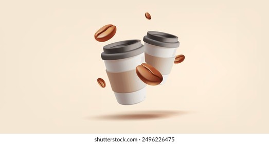 Paper cups with coffee and coffee beans, 3D. Realistic, beautiful composition for advertising and promotion of coffee shops, coffee delicious hot drinks. Vector illustration.