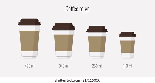 Paper cups of coffee in different sizes. Icons, vector illustration. Drink design. Flat style.