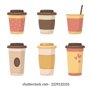 Paper cups with coffee or hot drinks vector illustrations set. Collection of cups with lids for coffee, latte or cappuccino isolated on white background. Beverage, coffee shop or break concept