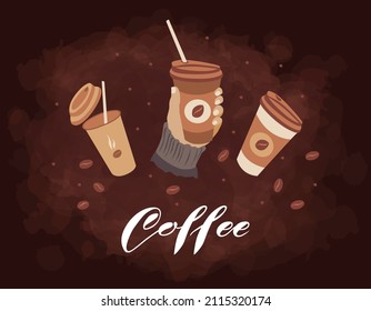 Cubos de papel de café con letras en un fondo marrón texturado. Cartel, postal, menú. Ilustración vectorial.