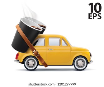 Paper cups of coffee on car isolated on white. Realistic vector 3d illustration